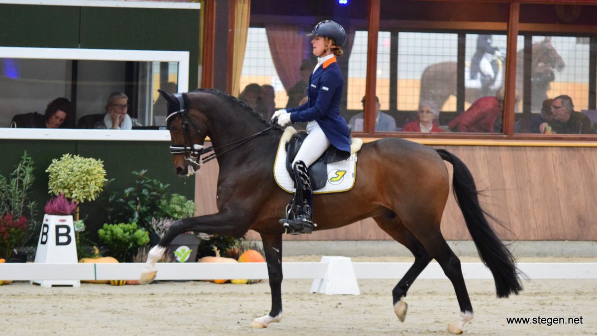 Adelinde Cornelissen en Zephyr tijdens de Grand Prix kür op muziek bij CDI Exloo.