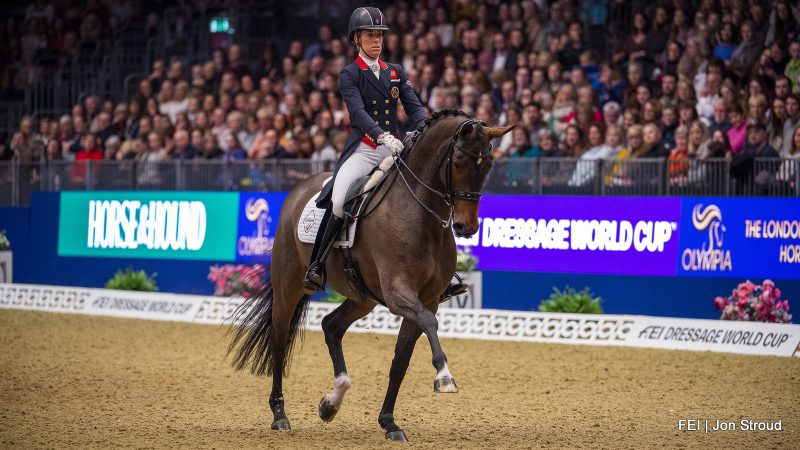Charlotte Dujardin met Mount St John Freestyle tijdens de wereldbeker in Londen.