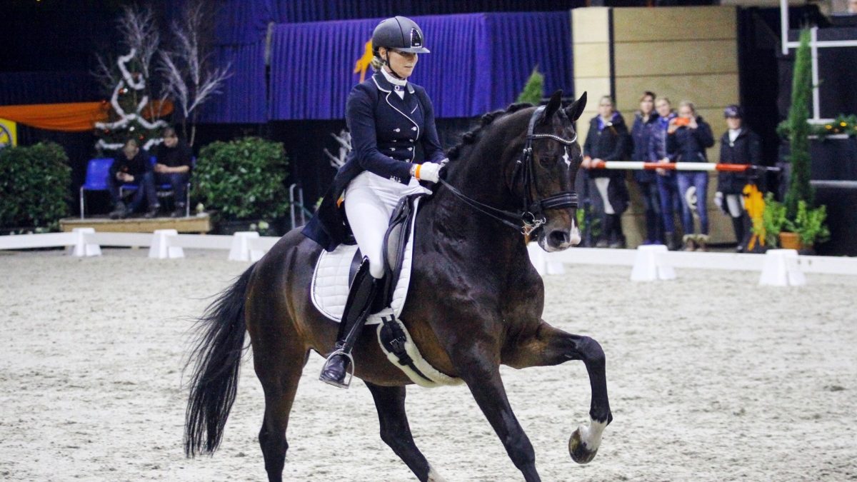 Joyce van Schaick en Well Done Sollenburg op weg naar de zege in de kür bij Indoor Groningen. foto: Roland Hitze