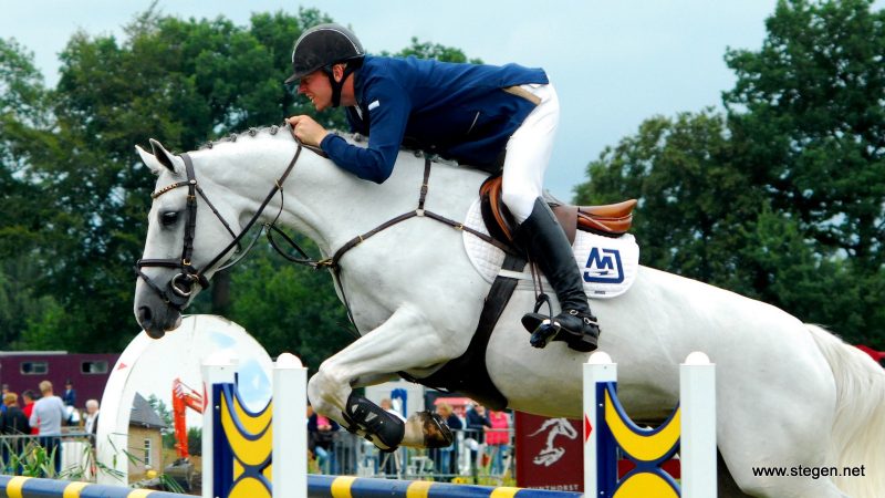 Lennard de Boer en de merrie Bonea Field prolongeerden de Drentse titel in het ZZ-springen. foto: Steven Stegen