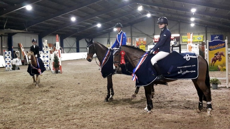 De winnaars in Friesland bij de pony's klasse M, Z en ZZ, met in het midden drievoudig kampioen Gerrit Veenstra.